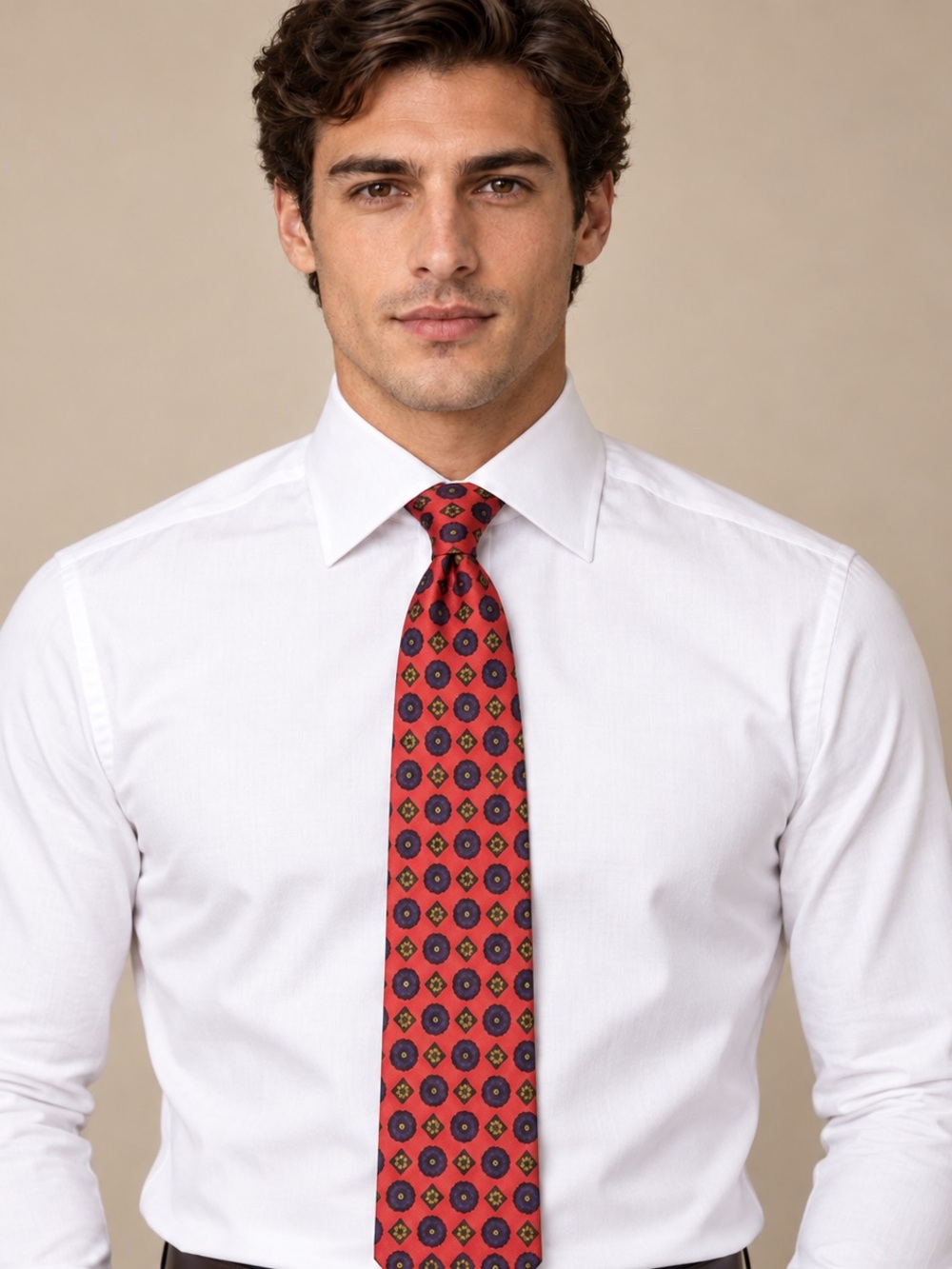 Private Label Coral Silk Tie with Navy Medallions and Emerald Geometric Motif